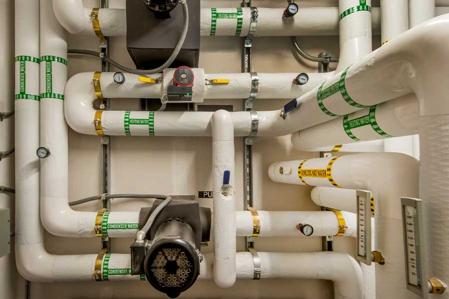 Commercial plumbing piping system in a mechanical room