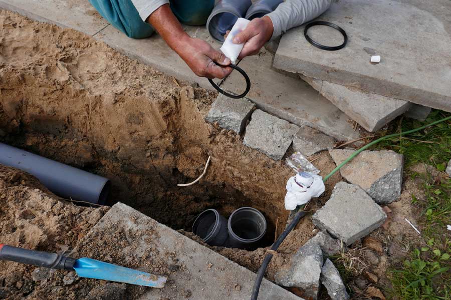 Plumber performing drain pipe repair